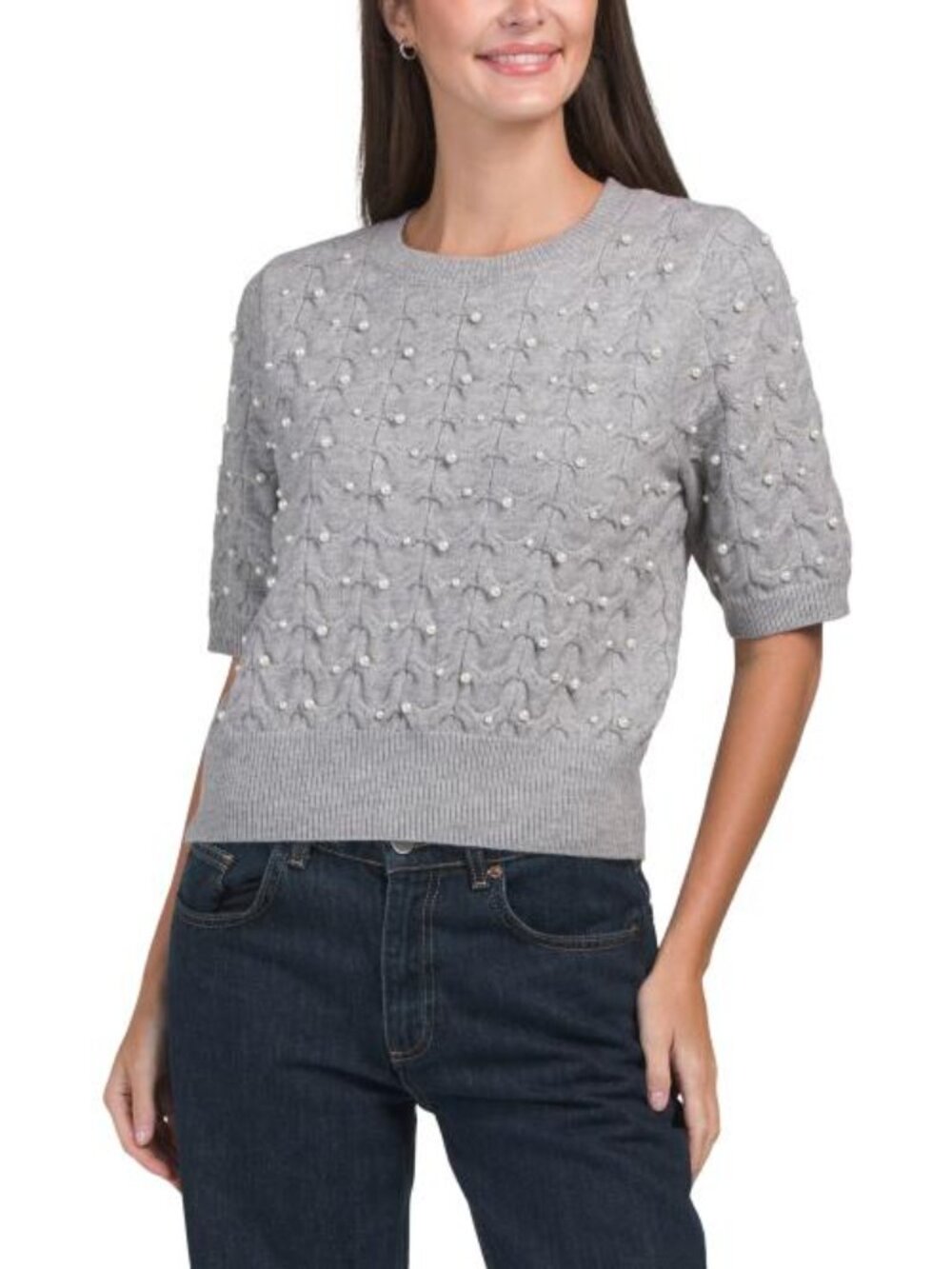 NANETTE NANETTE LEPORE Faux Pearl Short Sleeve Cable Knit Sweater
